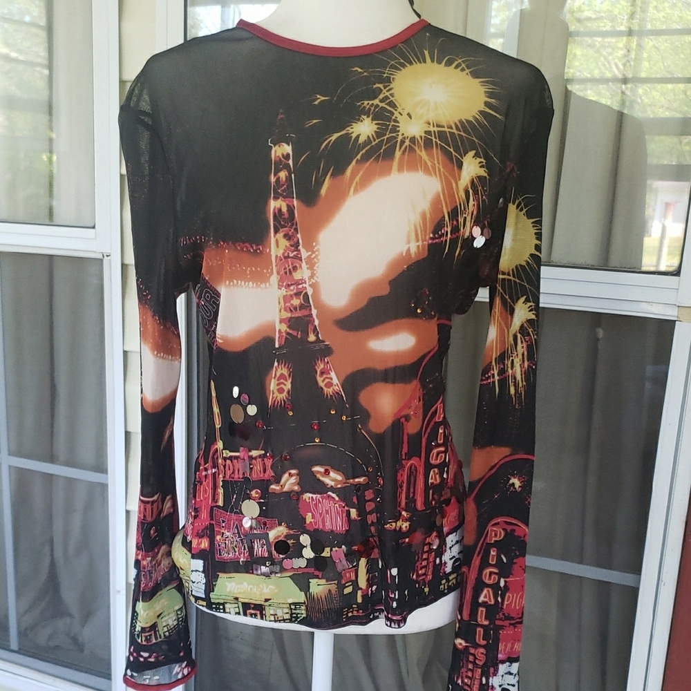 ETCETERA Iconic Semi Sheer Nightime City Scrape With Eiffel Tower Mesh Top
